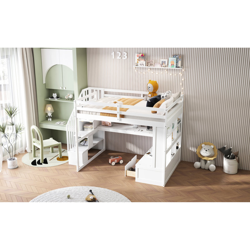 White Full Loft Bed With Desk, Shelves, Two Drawers & Robust Practical Storage Staircase 2 Large Secure Efficient -
