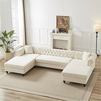 Canapés modulaires | 135,5 po en forme de U moderne, deux méridiennes, pour la salle de projection de la chambre à coucher de salon | Chenille | beige
