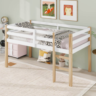 Low Loft Bed Twin Size, Kids Solid Wood Modern Loft Bed Frame With Ladder And Safety Guardrail For Girls Boys, Noise-Free, Space-Saving, No Box Spring