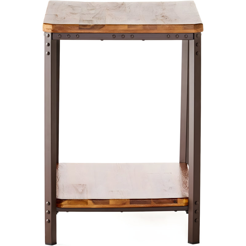 Rustic Metal And Hardwood End Table With Bottom Shelf For Extra Storage, Easy Assembly, Neutral Design