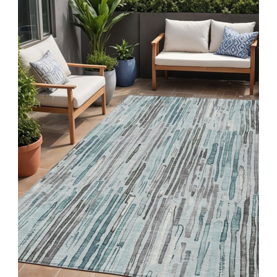 Tapis extérieur lavable rayé bleu sarcelle et gris 5 pi x 8 pi