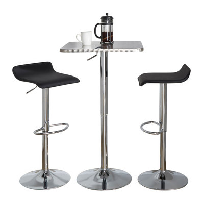 Ensemble de bar carré réglable carré en métal argenté et chromé avec PVC noir et repose-pieds ovale - 3 pièces