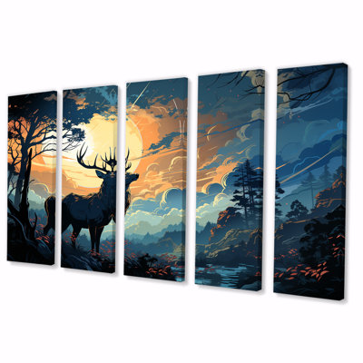 «Deer Sunset Landscape In Canada II - Deer Landscape», ensemble d'art mural 5 pièces