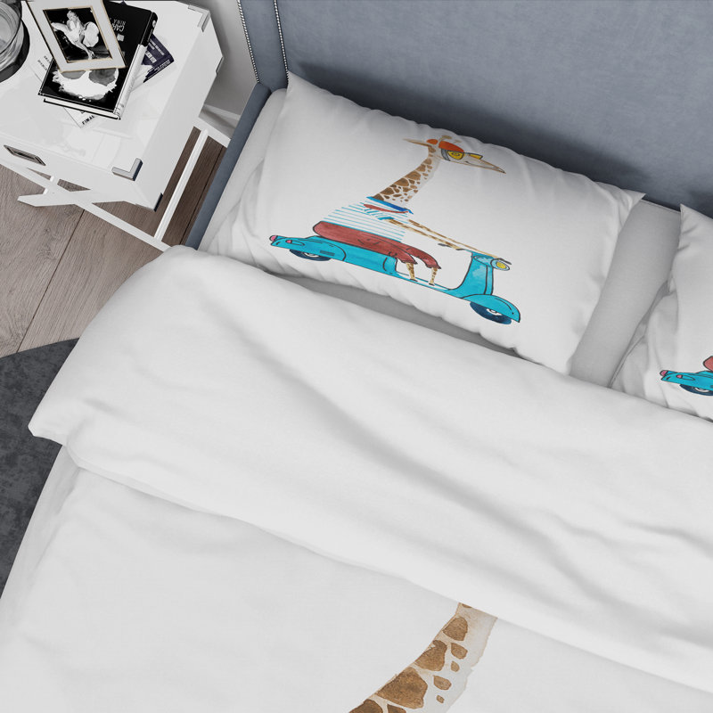 Girafe habillée en casque et scooter - Ensemble de housse de couette pour enfants - Microfibre de polyester