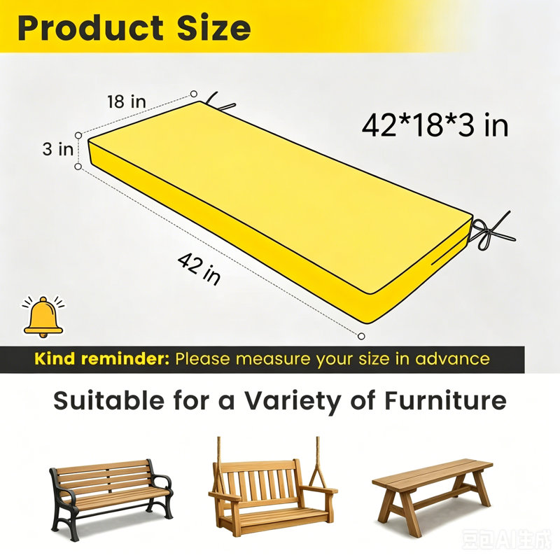 Outdoor Bench Cushion, 42 x 18 x 3 in, with Removable Cover, Waterproof, UV-Resistant, and Anti-Slip with Ties,gray, Gray