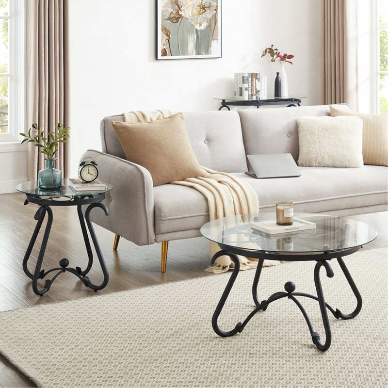 2 Piece Tempered Glass Surface Coffee Table Set