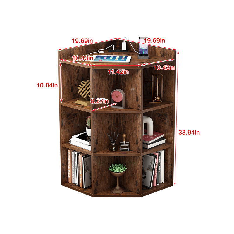 3-Tier Corner Cabinet Storage with USB Ports and Outlets,Corner Cube Storage Organizer for Small Spaces,Retro, Brown
