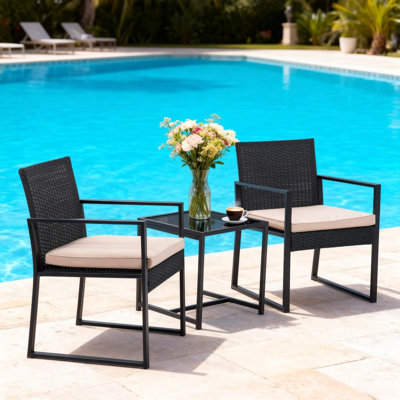 Ensemble de mobilier de jardin 3 pièces en résine tressée, style bistro moderne, comprenant 2 chaises et une table basse, pour balcon, terrasse, jardin ou piscine, couleur kaki.