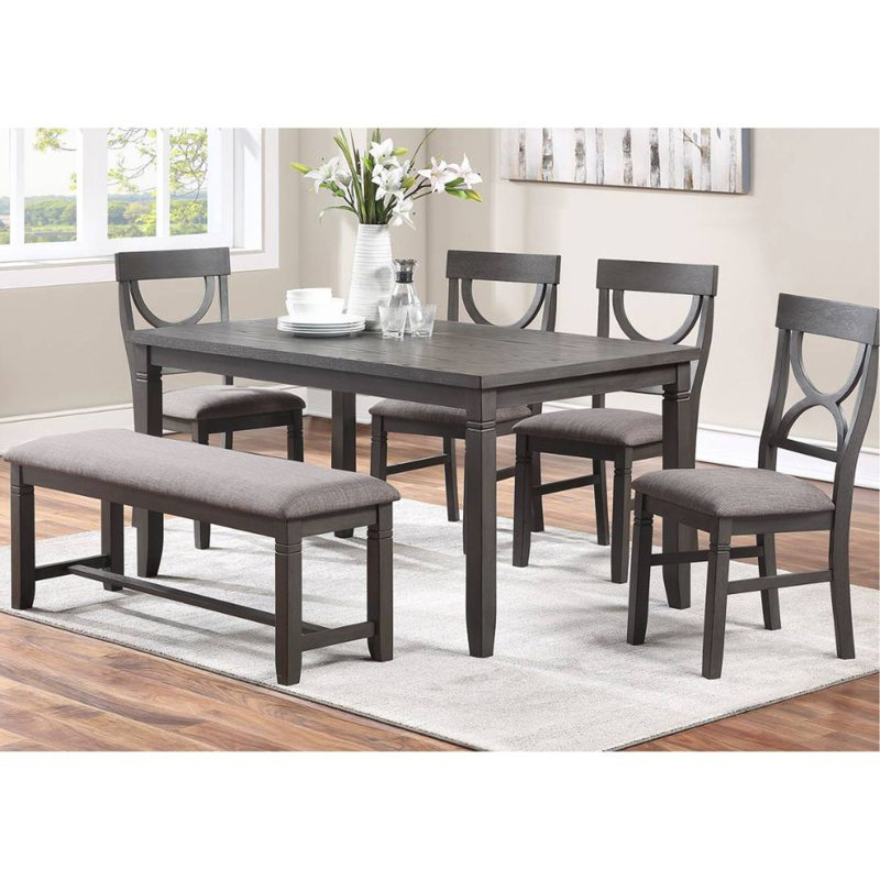 Table de salle à manger rectangulaire en bois gris 6 avec 4 chaises rembourrées et un banc - attrait moderne, assise de table facile à assembler, aspect transitionnel, qualité durable