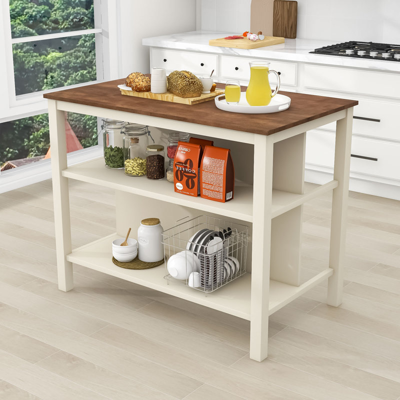 Wilhelmi Wood Stationary Kitchen Island, Rubber Wood Butcher Block Dining Table with Shelves