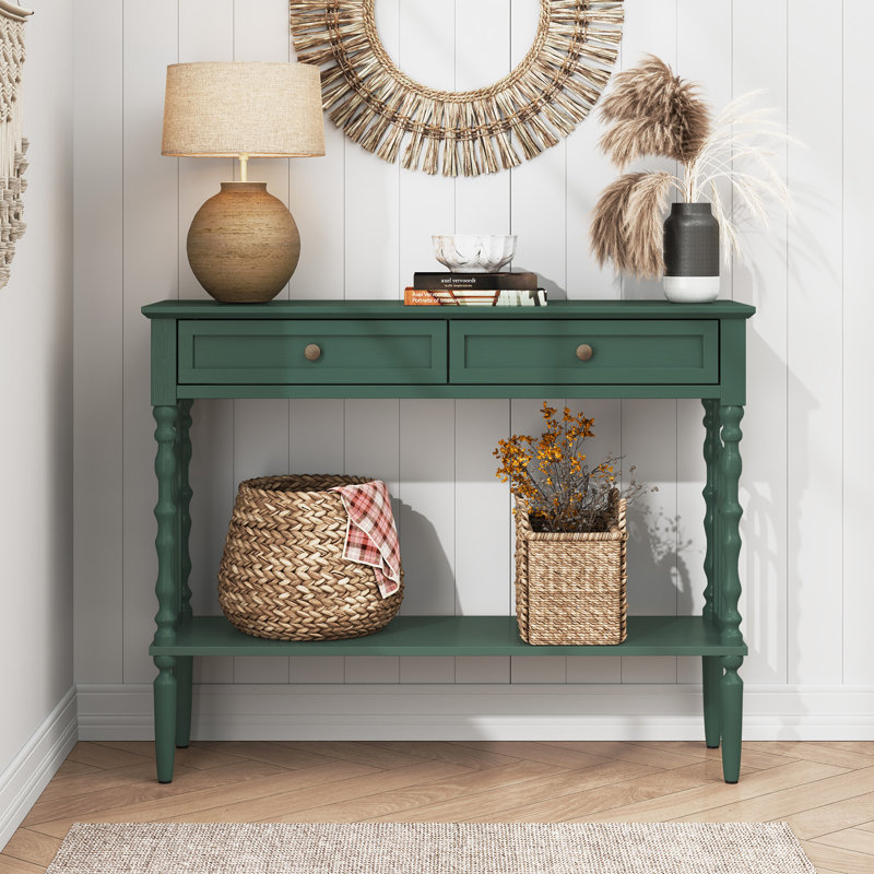 Console à 2 tiroirs Gothic Arch, table d'entrée vintage avec tablette de rangement ouverte, Vert