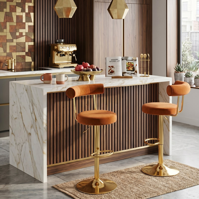 Modern Velvet Upholstered Swivel Adjustable Bar Stools with Gold Chrome Base, Terra