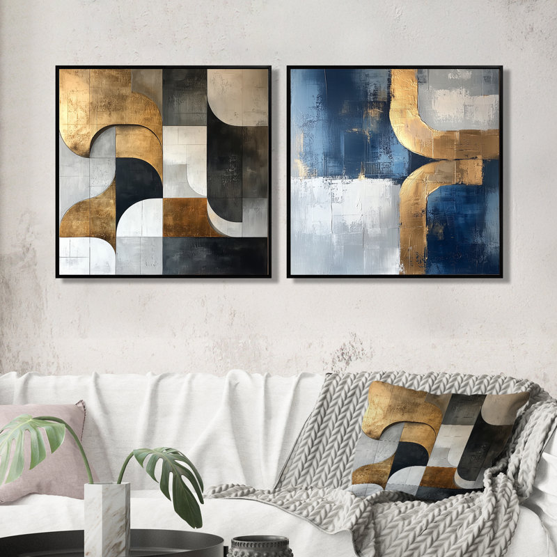 Motif géométrique bleu doré et gris «Pure Form I» - art mural vagues - ensemble d'art mural moderne 2 pièces, Noir