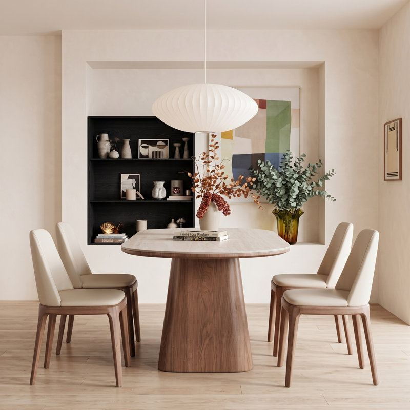 Table de salle à manger ovale moderne de 160 cm (62,99 po) en pierre frittée avec pied central massif, plateau double couche pour 6 à 10 personnes, plateau en pierre crème et piètement en placage noyer