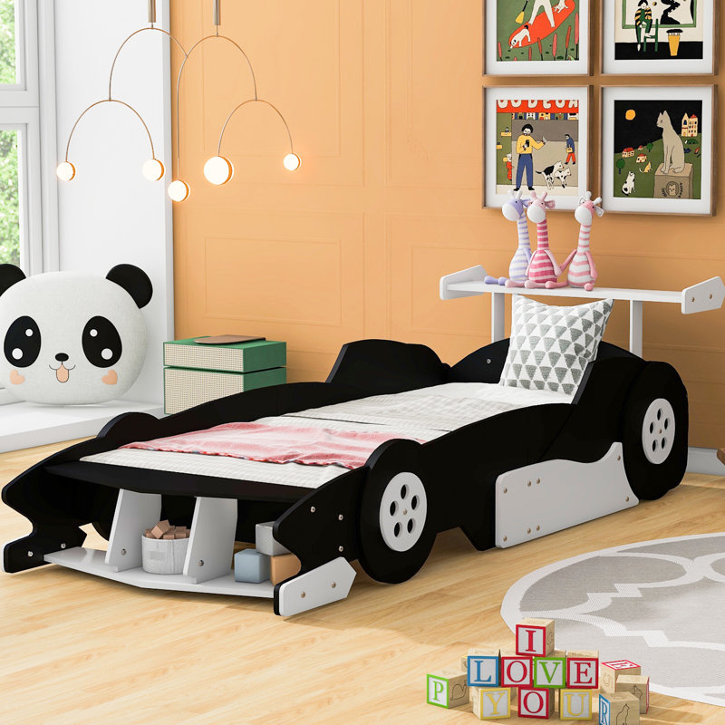 Lit simple en forme de voiture de course avec roulettes, noir - qualité artisanale pour une plateforme de sommeil confortable