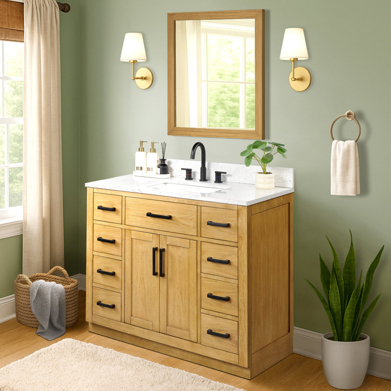 Meuble-lavabo simple 42 po avec tiroir, tablette, prise de courant et plateau en marbre d'ingénierie, Chêne brun clair, 42''