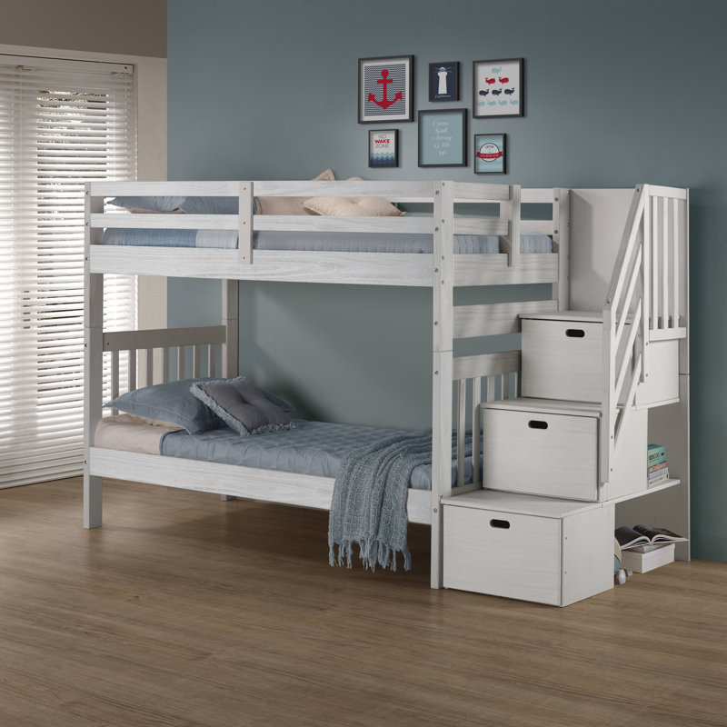 Ahmia Kids Twin Over Twin Bunk Bed, White Mist