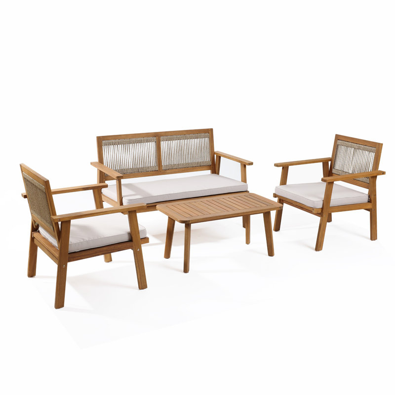 Outdoor Acacia Wood Rope Back 4-Piece Patio Seating with Cushions and Coffee Table Set