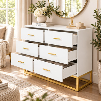 Commode moderne Pagina à 6 tiroirs avec pattes en métal doré et finition lustrée