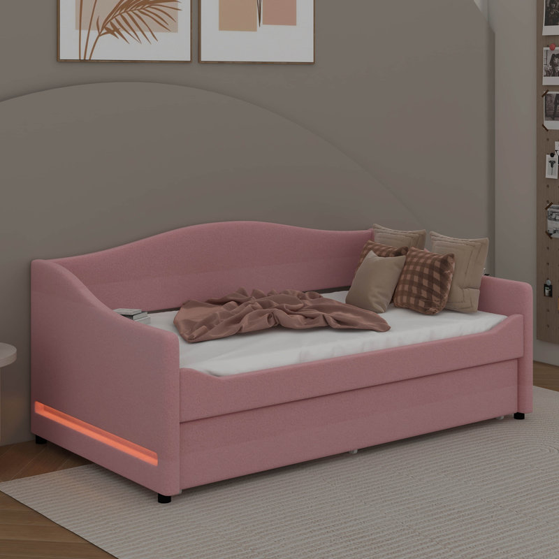 Lit de jour simple tapissier avec lumière et lit gigogne, Rose
