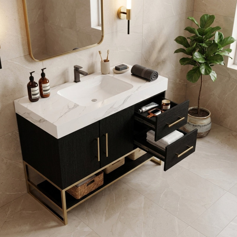 Meuble-lavabo sur pied autoportant, comptoir en pierre frittée avec lavabo en céramique intégré, cadre doré pour salles de bain contemporaines