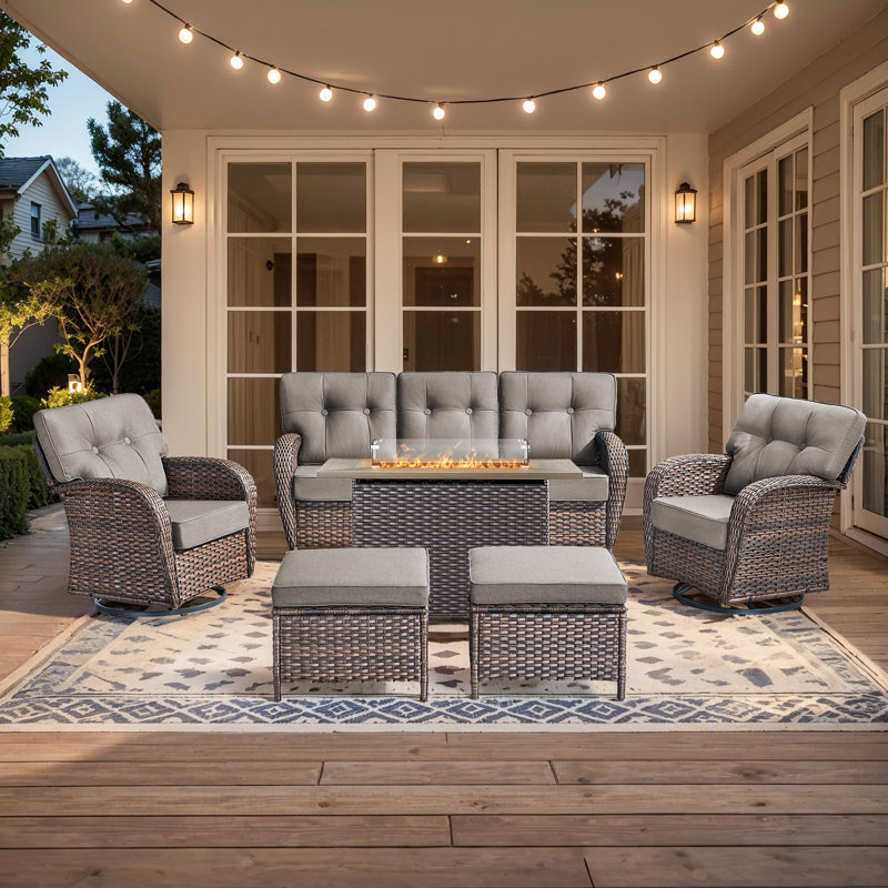 Fiorillo 6-Piece Wicker Rattan Patio Conversation Set With Rectangle Fire Pit Table And Swivel Chairs, Gray