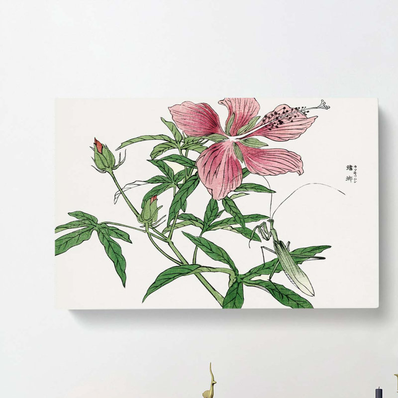 Praying Mantis And Pink Flower - Wrapped Canvas Painting, 60cm H x 91cm W x 3cm D