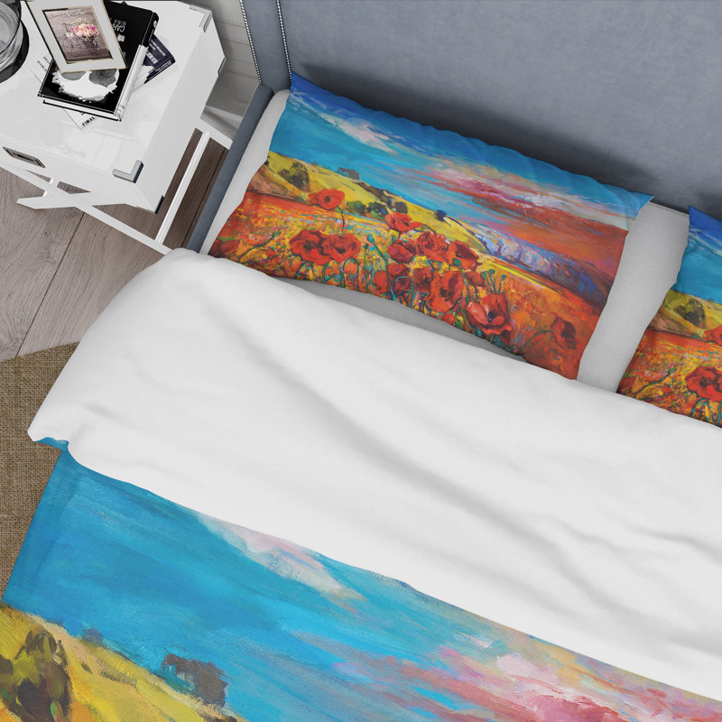 Champ de coquelicots Blossom Red sous un ciel bleu - Ensemble de housse de couette traditionnel - Microfibre de polyester