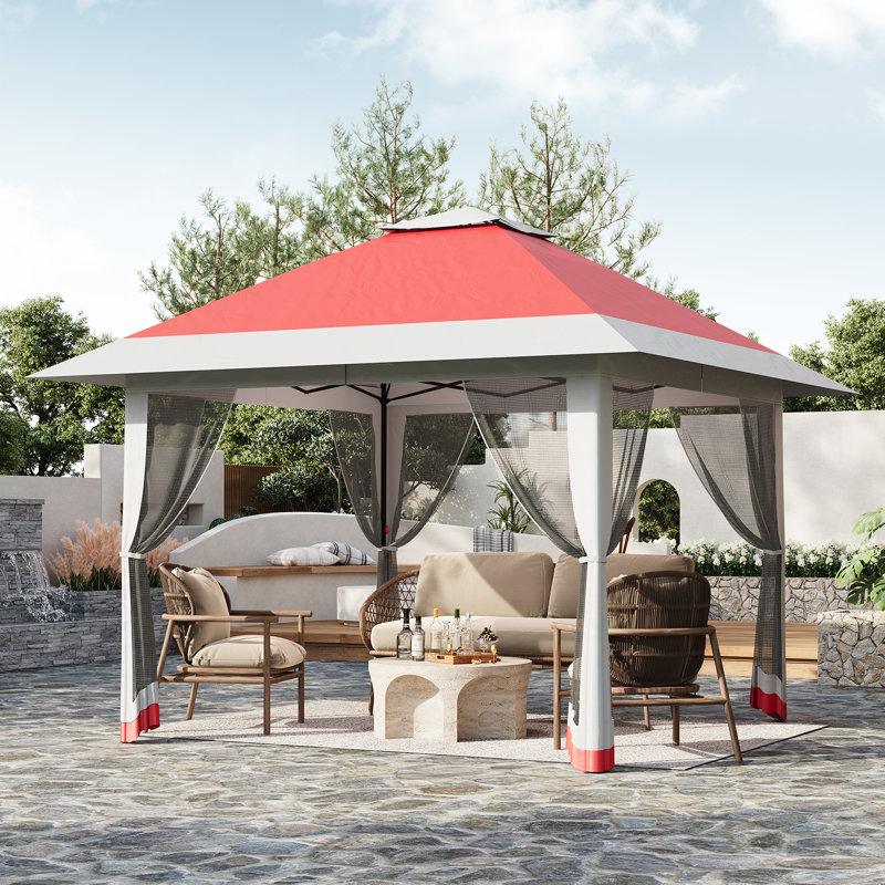 13x13ft Pop Up Gazebo – Double Roof, Mosquito Net, Height Adjustable – Outdoor Canopy Shelter for Patio & Garden Events, Red