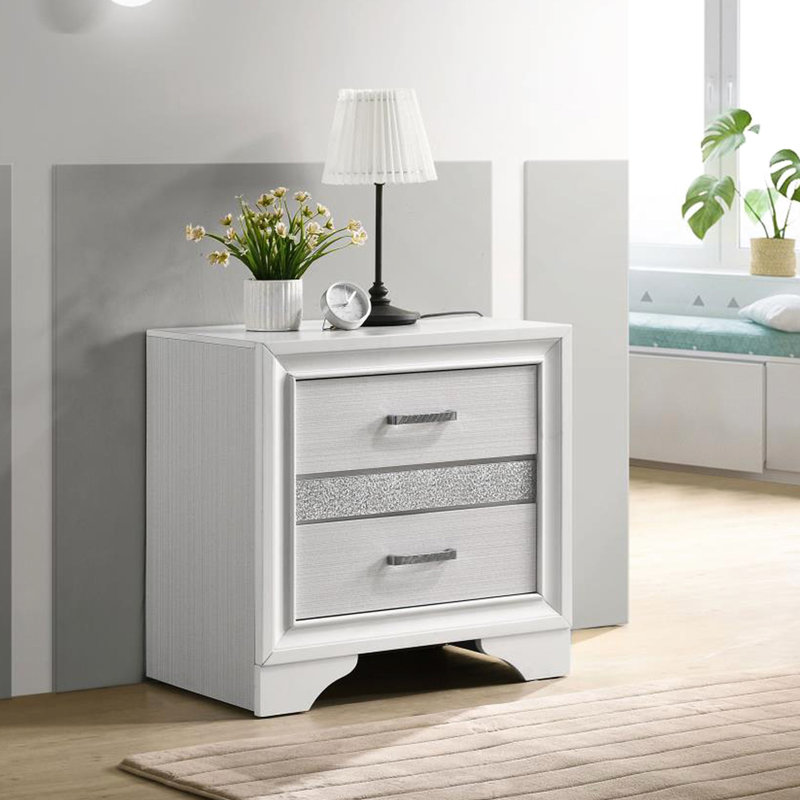Table de chevet 2 tiroirs en blanc pour le décor de la chambre à coucher - Poignées en strass, décorations scintillantes et poignées chic, rayures