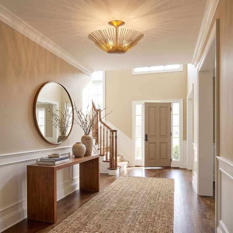 Plafonnier semi-encastré à 3 lumières, style moderne du milieu du siècle, avec effet soleil et intensité variable, en feuille d'or antique, de 17 pouces.