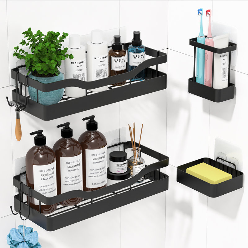 Serviteur de douche RicheMake noir auto-adhésif, organisateur de rangement en acier inoxydable 4 pièces résistant à la rouille, grande capacité, sans perçage pour l'organisation de la salle de bain et de la décoration intérieure