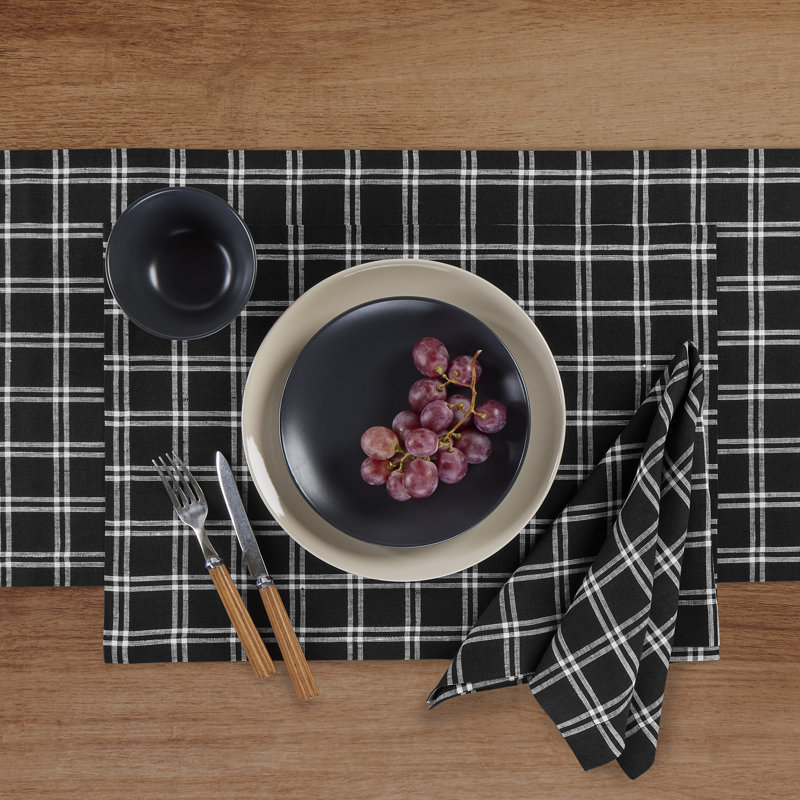 Black Marseille Plaid Pure Linen Dinner Napkins Set of 4