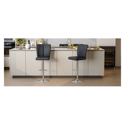 Set of 2 Modern Adjustable Bar Stools - Black PU Leather Swivel Counter Chairs with Chrome Base