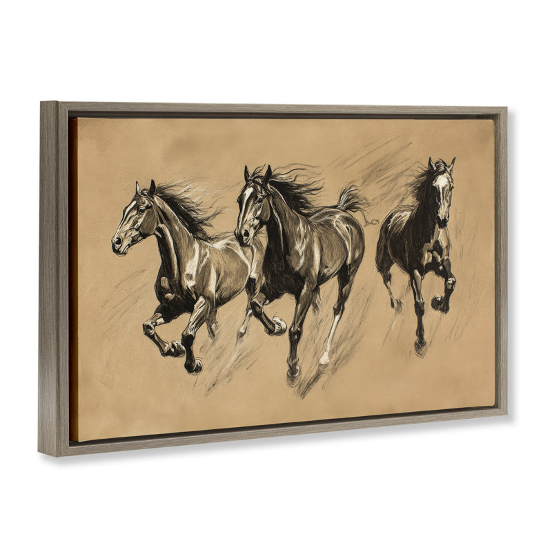Cadre flottant avec un cheval qui court, créé par Petal Prints Design, H 17 po x l 25 po, Cadre flottant orme Montalcino