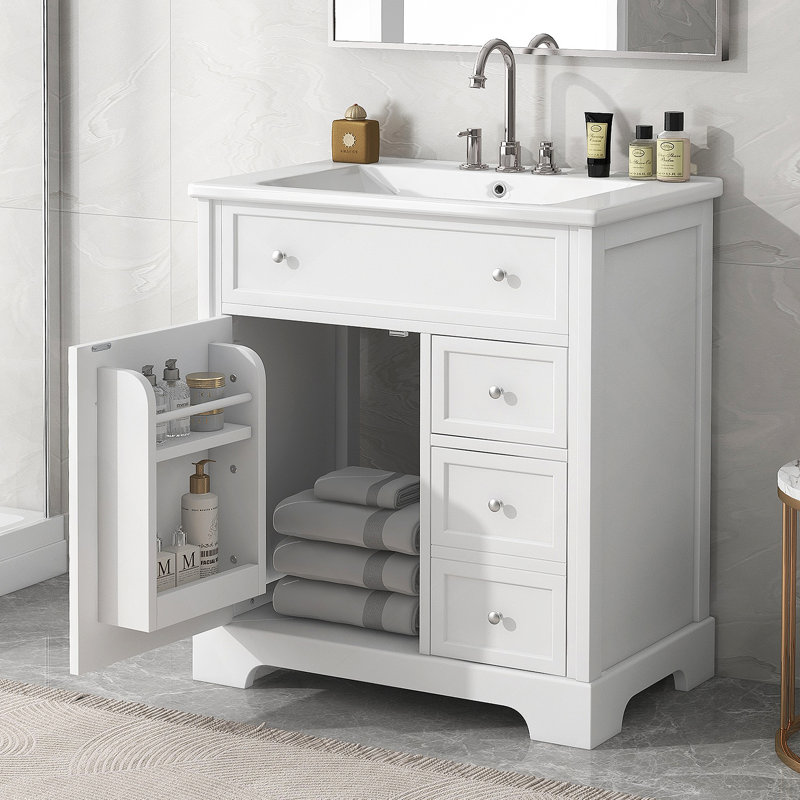 Meuble-lavabo pour salle de bain avec comptoir, meuble-lavabo avec porte et deux tiroirs, planches en panneau de fibres à densité moyenne