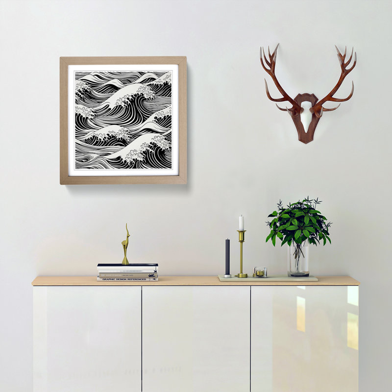 Japanese Wave Op - Single Picture Frame Print on Wood, Oak