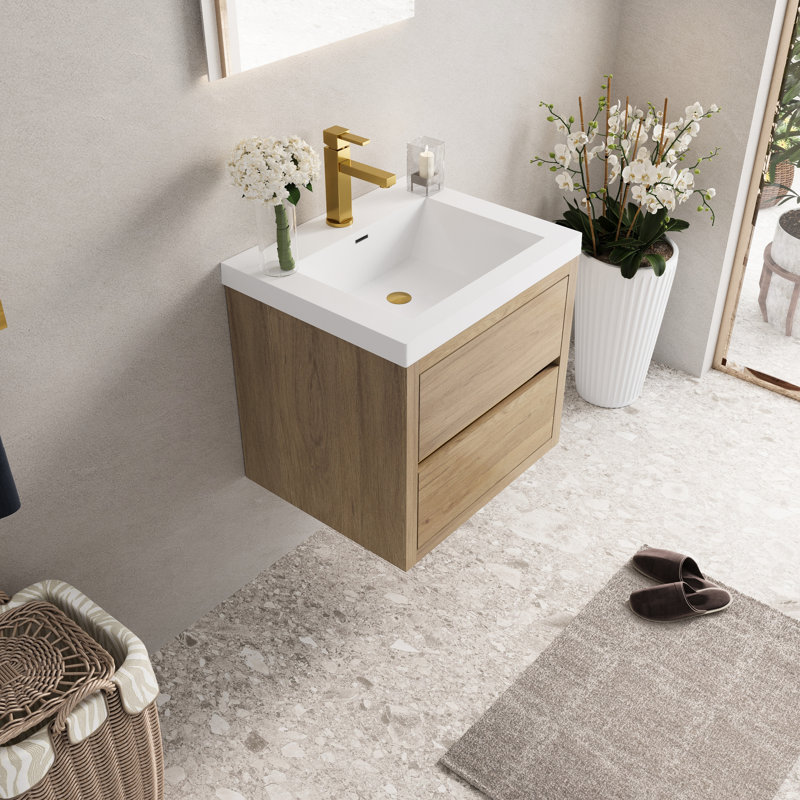Meuble-lavabo mural de 24 po avec comptoir en résine de pierre et mécanisme de tiroir à fermeture en douceur, bois d'ingénierie entièrement assemblé dans une teinte chêne, amplement d'espace pour les produits, profondeur de produit 23,53, paquet de 31,5