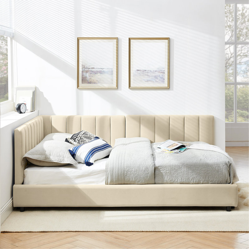 Full Size Upholstered Tufted Bed Frame, Sofa Bed Frame With Comfortable Backrest And Armrests, Full Size Bed For Bedroom, Living Room,Velvet-Beige(81''*60''*29.5'')
