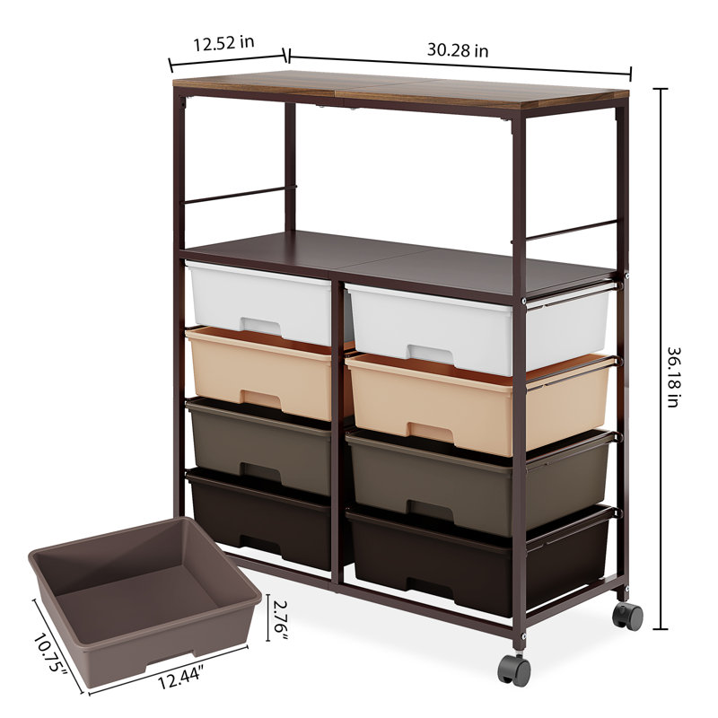 8 Drawers Rolling Storage Cart with Wooden Top,Plastic Storage Drawers,Rolling Cart with drawers,Drawer with Lockable Wheels