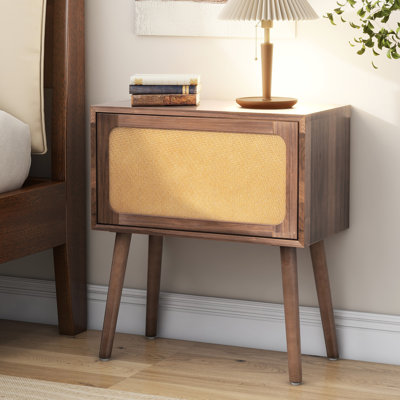 Mid Century Modern Rotating Hidden Compartment Nightstand, Bedside Table With Wood Legs, Walnut Color, For Bedroom, Living Room. Features Flip Drawer And Curved Compartments, Stable Easy To Assemble