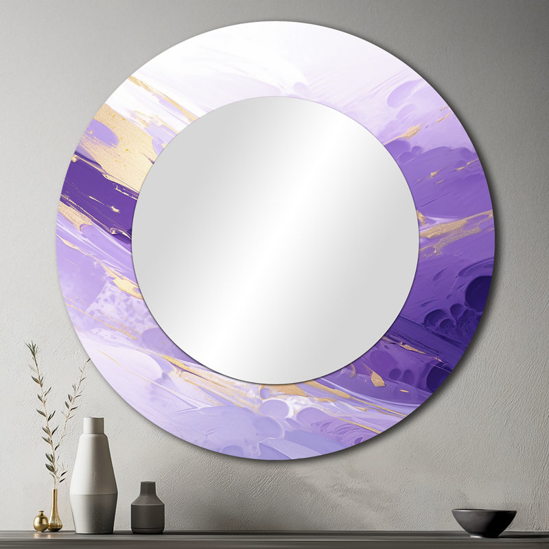 Abstractions dynamiques mauves et dorées I - miroir abstrait unique, grand miroir mural rond moderne, impression d'art en métal