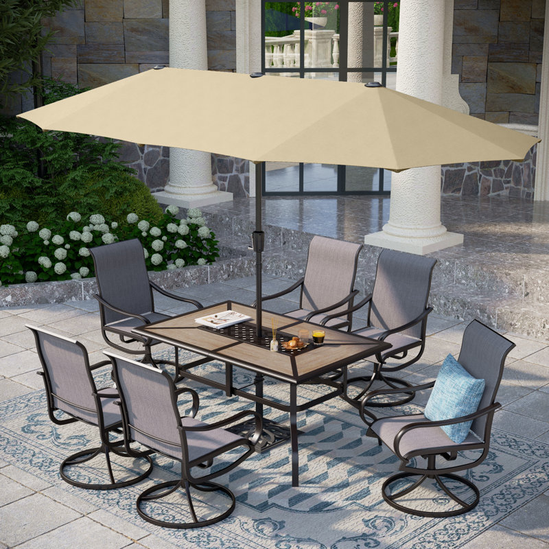 8 ensembles de salle à manger d'extérieur avec parasol 8 pièces, Gris, Beige