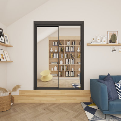 Porte coulissante en miroir trempé à cadre noir H 80 po avec quincaillerie