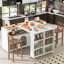 Îlot de cuisine roulant avec table allongée, îlot de cuisine sur roulettes avec lumières DEL, prises de courant et 2 portes en verre cannelé, îlot de cuisine avec compartiment de rangement et 3 tablettes ouvertes latérales-1933760547