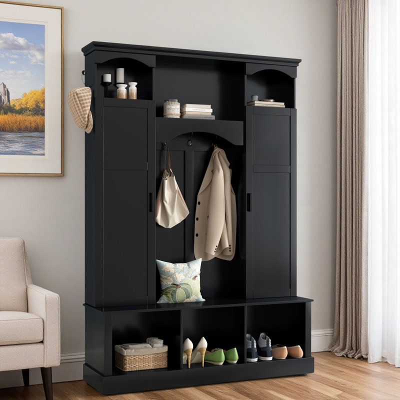 Modern Hall Tree With Adjustable Shelves, Side Cabinets, Top Compartments And Hooks, Black