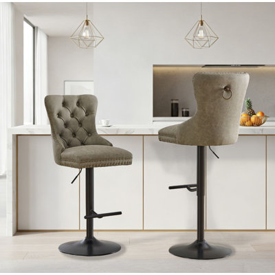 Modern Velvet Upholstered Swivel and Height-Adjustable Bar Stool with Padded Backrest and Metal Footrest