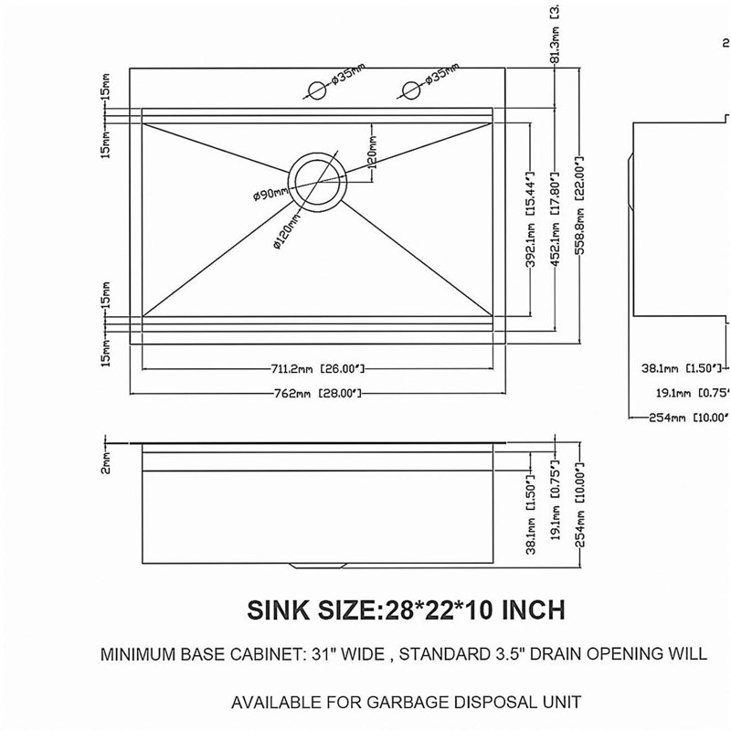 Évier de cuisine encastré 28 po - 28 po x 22 po - Évier de cuisine en acier inoxydable de calibre 16 à station de travail encastrable à simple cuve - 28 po x 22 po x 10 po