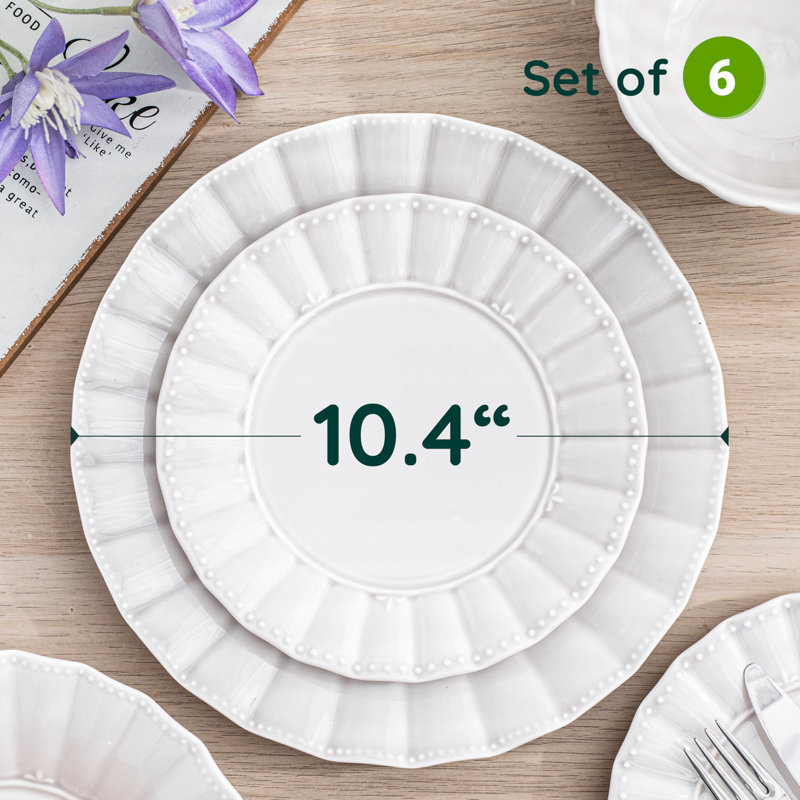 Assiettes en céramique 10,5 pouces, allant au micro-ondes et au lave-vaisselle, ensemble de 6, (blanc)