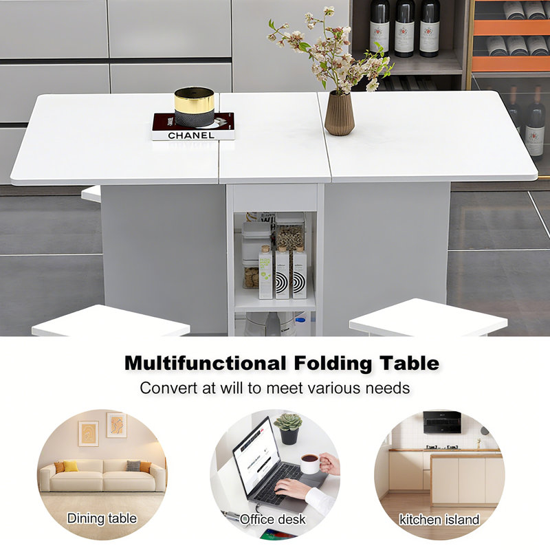 Table de salle à manger pliable avec six roues et un double support de rangement. Blanc.